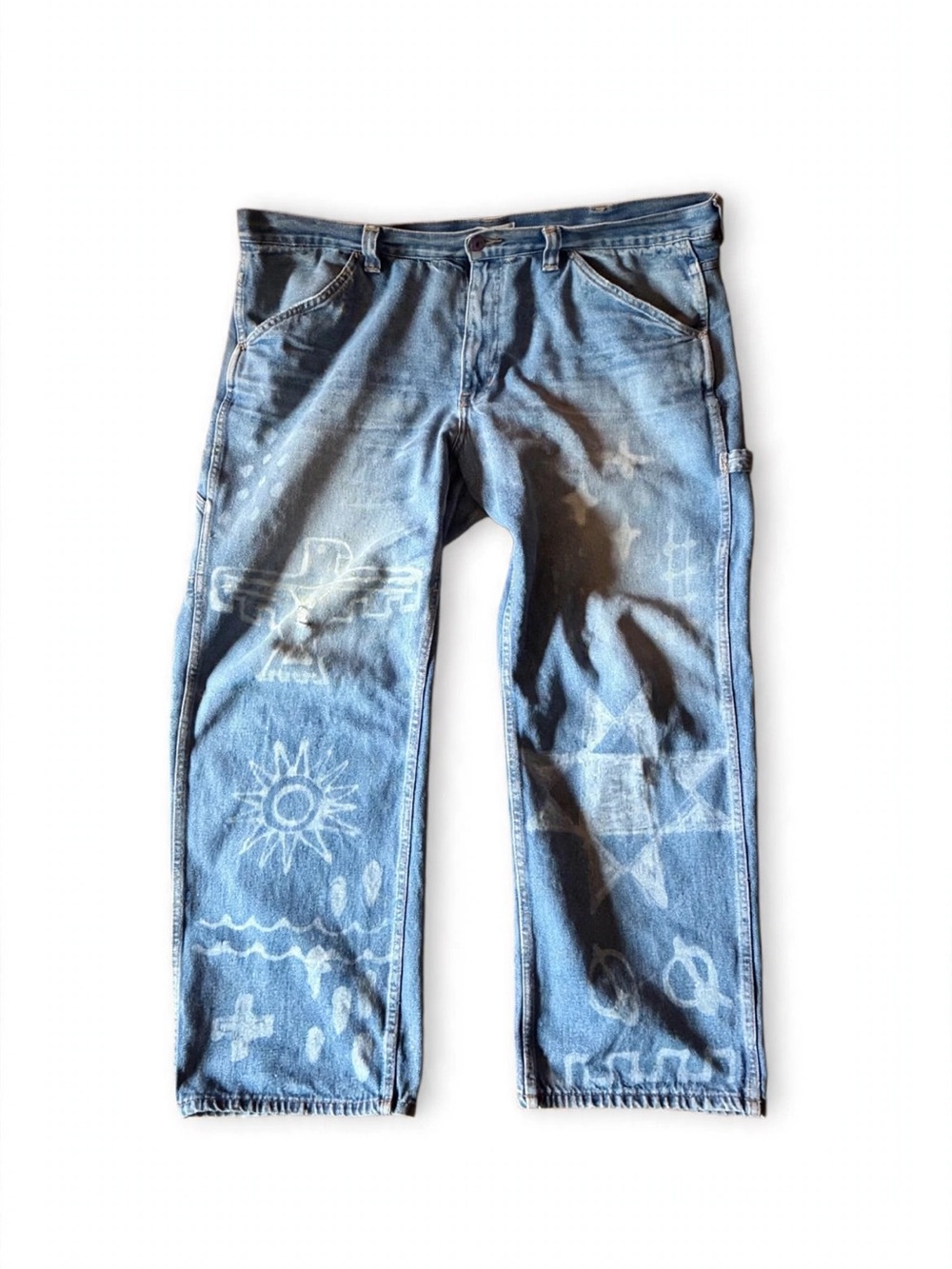 Customized Men's Blue Mountain Carpenter Denim Jeans with Faded Detail Sz 42/30